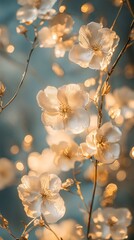 Golden Hour Blossom Branch Soft Light Delicate Flowers Teal Background