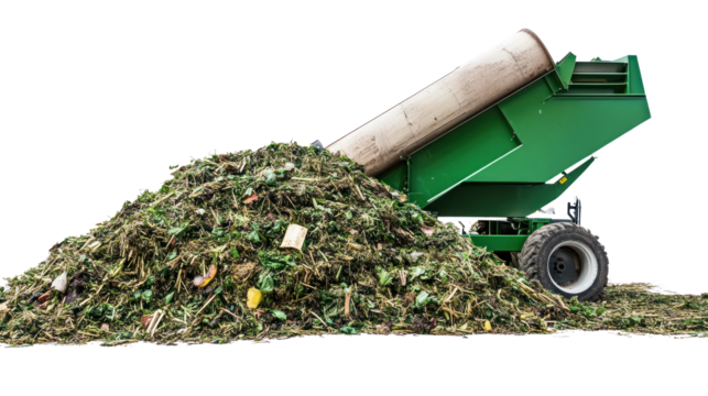 A green waste container unloading organic material onto a heap of compost, highlighting the importance of recycling and composting for environmental care.
