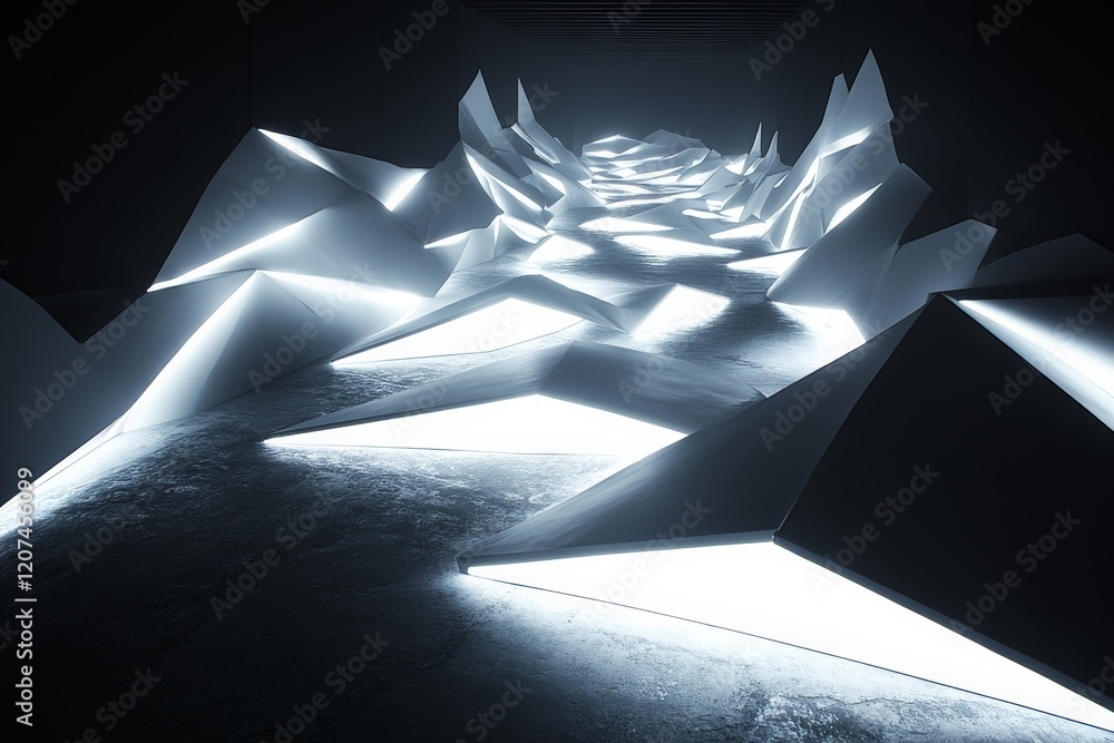 Aufkleber Futuristic pathway illuminated by angular light formations in dark environment