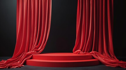 A 3D render of a red podium with an elegant red backdrop.