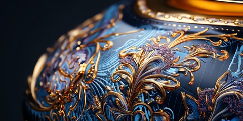Fototapeta premium Close-up of a vibrant, holographic sculpture blending Baroque elements with sleek, futuristic circuitry, illuminated by soft LED lights, digital art, photorealistic rendering