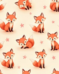 Cute Cartoon Fox Repeat Pattern with Pink Flowers on Cream Background