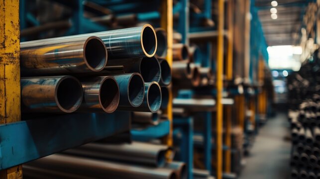 Rows of gleaming metal pipes and tubes are neatly organized on sturdy warehouse shelving, ready for transport.