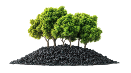 A group of lush green trees on a mound of dark soil, symbolizing sustainability and growth in an environmentally friendly setting.