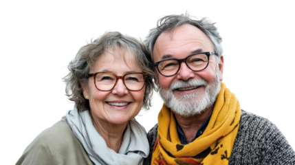 A happy elderly couple smiling together, showcasing joy and companionship, perfect for themes of love and family.