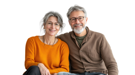 A happy older couple sitting together, smiling warmly against a white isolate background, showcasing love and companionship in their golden years.