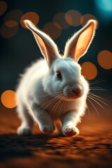 Obraz premium Adorable white rabbit hopping towards camera, bokeh background.