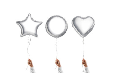 Hand holding blank silver star, round and heart balloon mockup © Alexandr Bognat