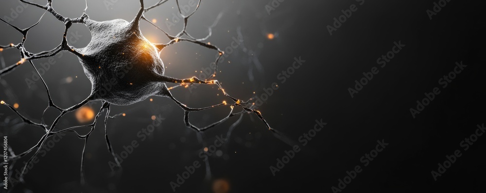 Poster abstract representation of a neuron with glowing connections on a dark background.
