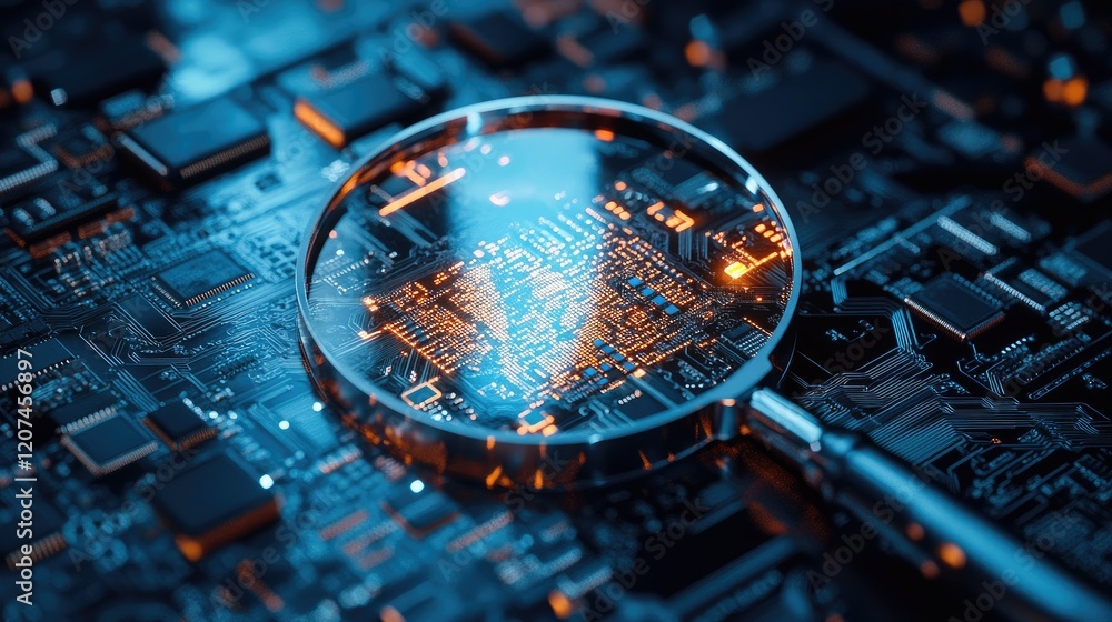 Poster a close-up of a processor chip glowing under a digital magnifying glass effect.