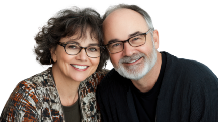 A joyful couple smiling warmly at the camera, showcasing love and happiness, against a white isolated background.