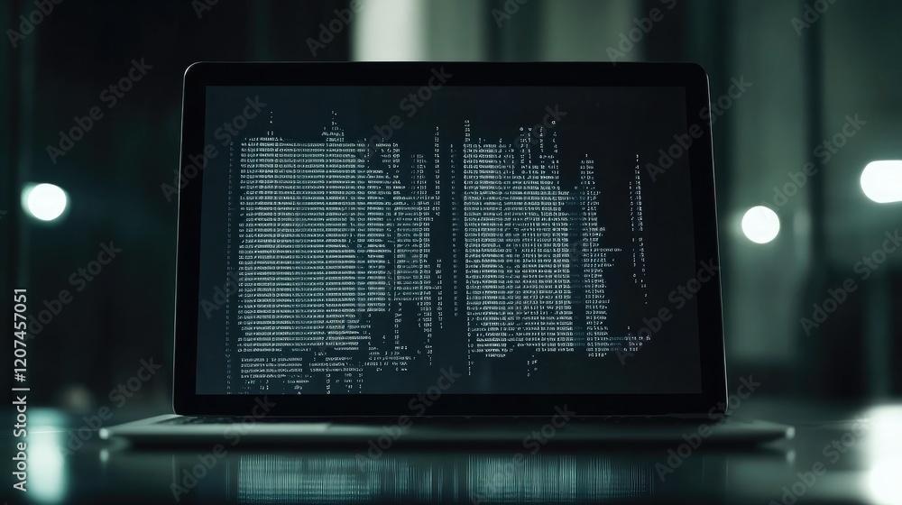 Poster a close-up of coding lines displayed on a laptop in a sleek, modern office.