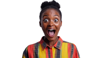 A joyful woman expressing excitement with wide eyes and a big smile, wearing a colorful striped shirt, isolated on a clear background.