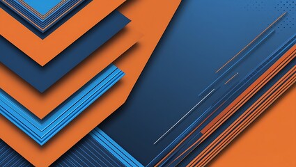 Obraz premium Digital abstract background with overlapping diagonal lines, blue and orange shades, layered chevrons, and subtle dotted patterns for a modern, dynamic design.