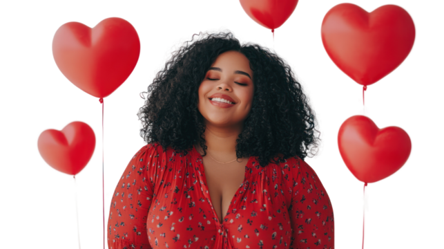 A joyful woman in a red dress poses with heart-shaped balloons. She radiates happiness against a white background, embodying love and celebration.
