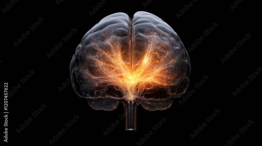 Poster default mode network concept, illuminated brain graphic with vibrant energy and dark background.