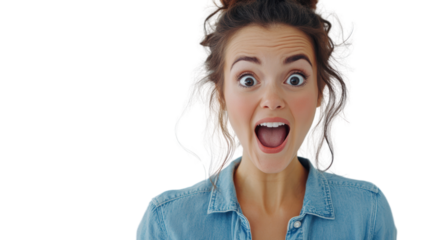 A joyful woman with curly hair expresses excitement and surprise, creating an engaging and lively atmosphere.