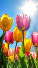Obraz premium Bright tulips in sunny field, low angle view.