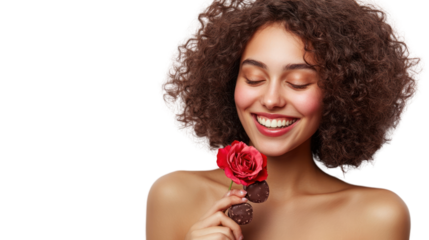 A joyful woman with curly hair smiles while holding a red rose and chocolate cookies, showcasing a moment of happiness and indulgence.