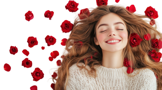 A joyful woman with flowing hair smiles contentedly among scattered red rose petals, creating a serene and romantic ambiance.
