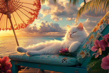 Fluffy white cat relaxing under an umbrella with flowers at sunset on a tropical beach