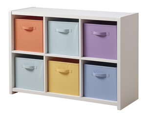 White Storage Shelf with Colorful Fabric Bins