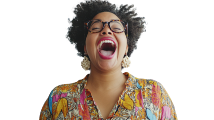 A joyous woman with curly hair and glasses, expressing happiness through laughter against a white isolate background.