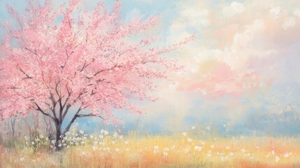Obraz na płótnie Canvas Pastel Pink Blossom Tree in Spring Meadow