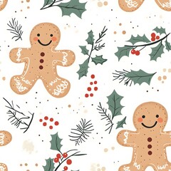 Naklejka premium Spread Joy with Whimsical Holiday Cheer. A Christmas themed seamless pattern featuring adorable gingerbread characters