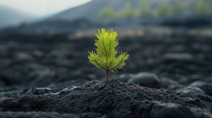A young pine tree stands defiantly amidst a barren volcanic ash landscape, symbolizing the incredible resilience and renewal of nature.