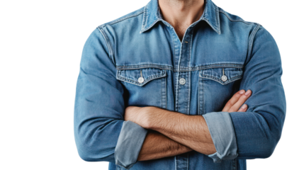 A man wearing a denim shirt crosses his arms, exuding confidence and approachability, suitable for various lifestyle and business concepts.