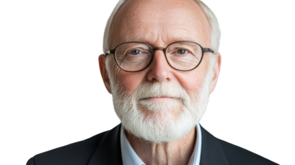 A mature man with glasses and a beard, wearing a suit, smiles gently against a white isolated background, portraying wisdom and experience.