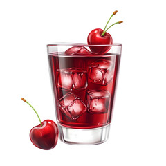 Glass of Cherry Juice with Ice Cubes and Fresh Cherries

