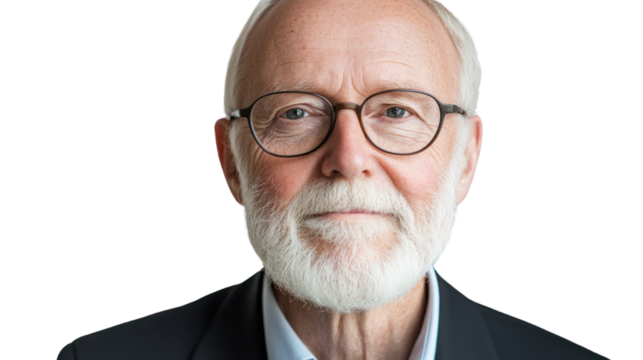 A mature man with glasses and a beard, wearing a suit, smiles gently against a white isolated background, portraying wisdom and experience.