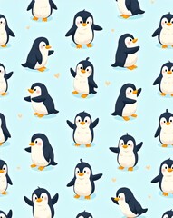 Obraz premium Animated Penguin Repeat Pattern with Hearts on Light Blue Background, Cheerful Theme