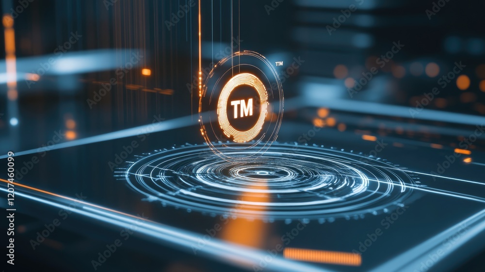 Poster a futuristic animation-style concept showing a tm symbol being scanned by a laser.