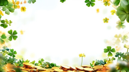 Fototapeta premium Intricate Frame Decorated with Shimmering Gold Coins and Vibrant Shamrock Leaves for Festive Celebrations