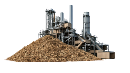 A modern wood chip processing facility with a large pile of wood chips, showcasing industrial machinery and equipment in an isolated setting.