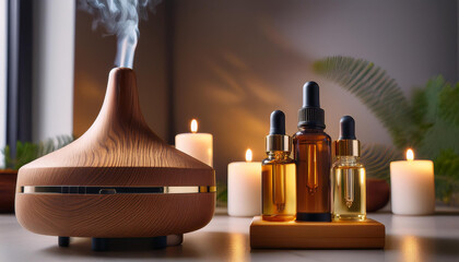Un difusor de aromaterapia junto a frascos con aceite de esencias de hierbas relajantes para spa y relajación © theshooter