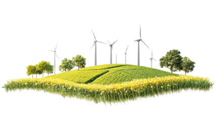 A picturesque landscape featuring wind turbines on a lush green hill surrounded by blooming flowers under a clear blue sky.