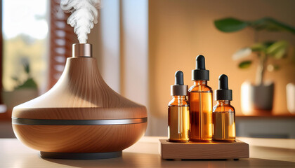 Un difusor de aromaterapia junto a frascos con aceite de esencias de hierbas relajantes © theshooter