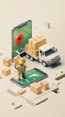 Create a detailed 3D vector illustration of a delivery worker with a hand truck loaded with boxes, a large smartphone