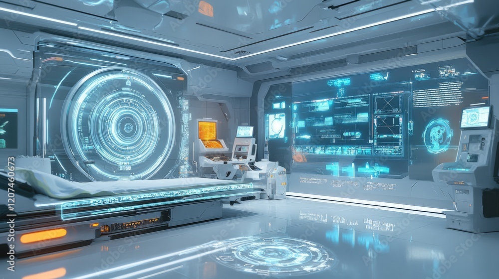 Poster a futuristic workspace with augmented reality holograms and clean surfaces.
