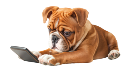 A playful bulldog puppy lying on its stomach while using a smartphone, focusing on the screen with curiosity and engagement, isolated on white.