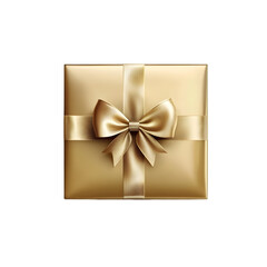 Elegant Gold Gift Box with Satin Ribbon Bow Isolated on White Background


