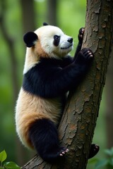 Fototapeta premium Panda claws gripping bark, reaching for higher branch, white, branch, bear