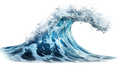 A powerful ocean wave captured mid-crash, showcasing vibrant blue hues and a frothy white crest. A stunning depiction of nature's force and beauty.