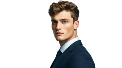 A professional young man in a suit, posing confidently with a serious expression, ideal for corporate or lifestyle themes.