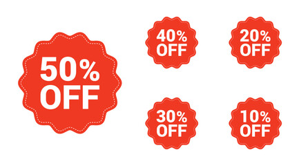 Red discount labels set with various percentage offers, including 50%, 40%, 30%, 20%, and 10% off on a transparent background for promotions and marketing