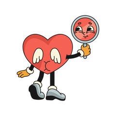 Heart character with wings holding mirror. Vector icon of anthropomorphic love symbol holding looking glass. Love and affection, relationship, sentiment sign. Personality for lover holiday. Valentine.